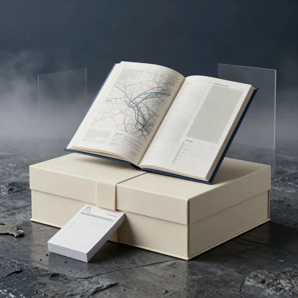 Unbranded consulting kit in blue-hour mist: cream box, slate portfolio, maps and planning cards.