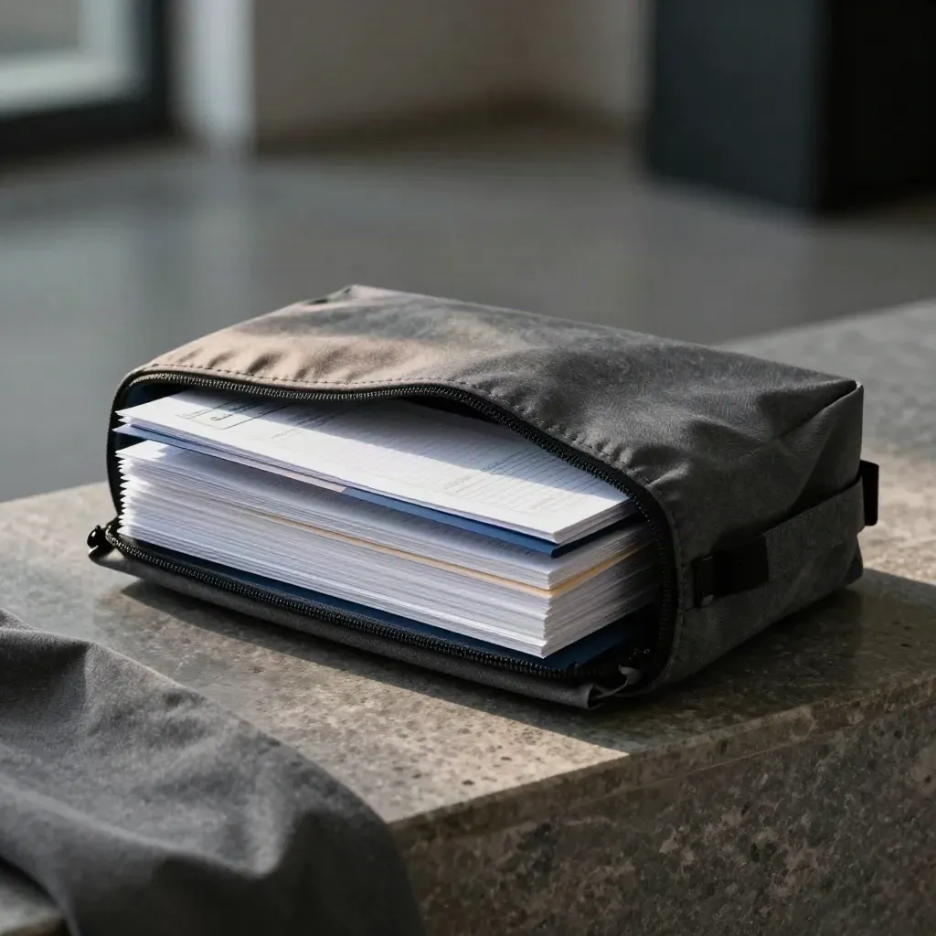 Audit pack in charcoal fabric on limestone, soft light and haze