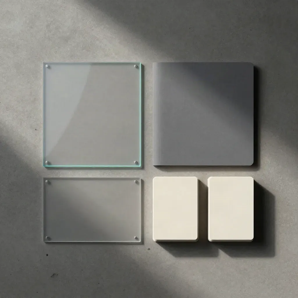 Overhead flatlay of pitch deck review materials on concrete with acetate dividers and neat card stacks.