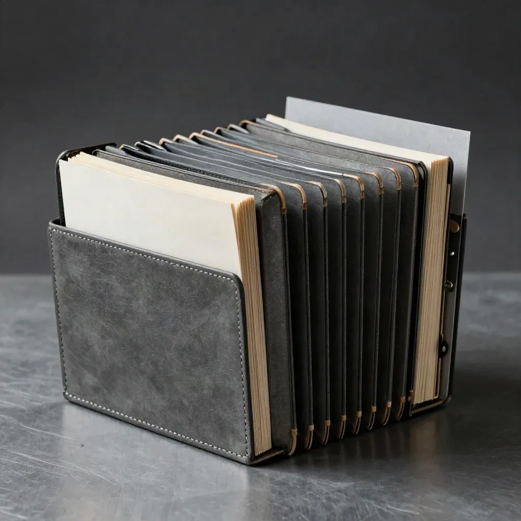 Close-up of a rugged accordion ops folder with tabbed inserts on brushed metal in slate tones