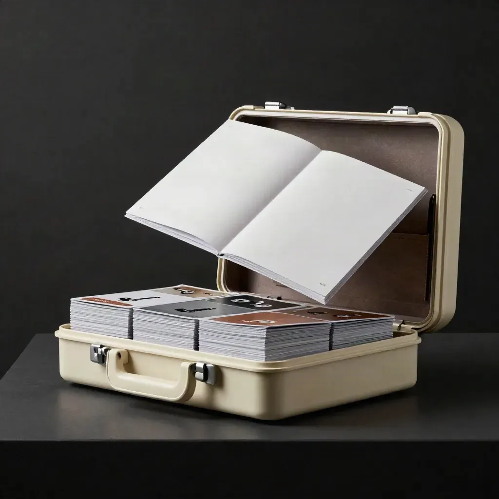 Cream startup planning kit with booklet stack and fanned cards on a dark studio plinth.