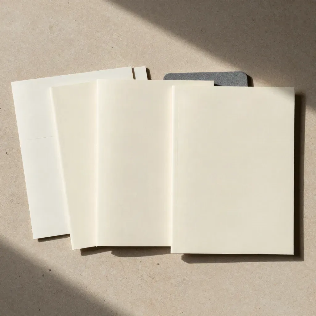 Overhead flatlay of advisory folios, folded note sleeve and stone spacer on warm limestone
