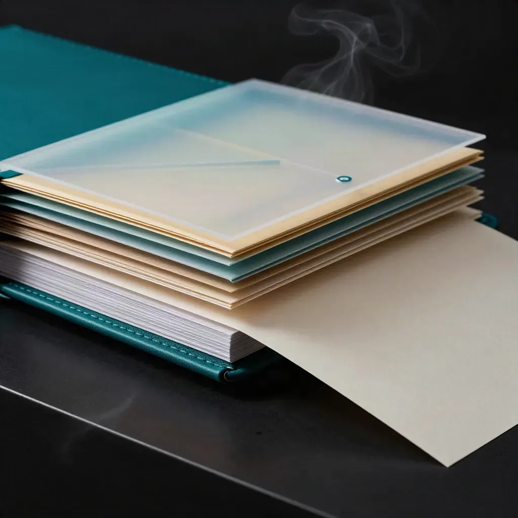 Teal consulting plan folders fanning out in a dark studio macro shot