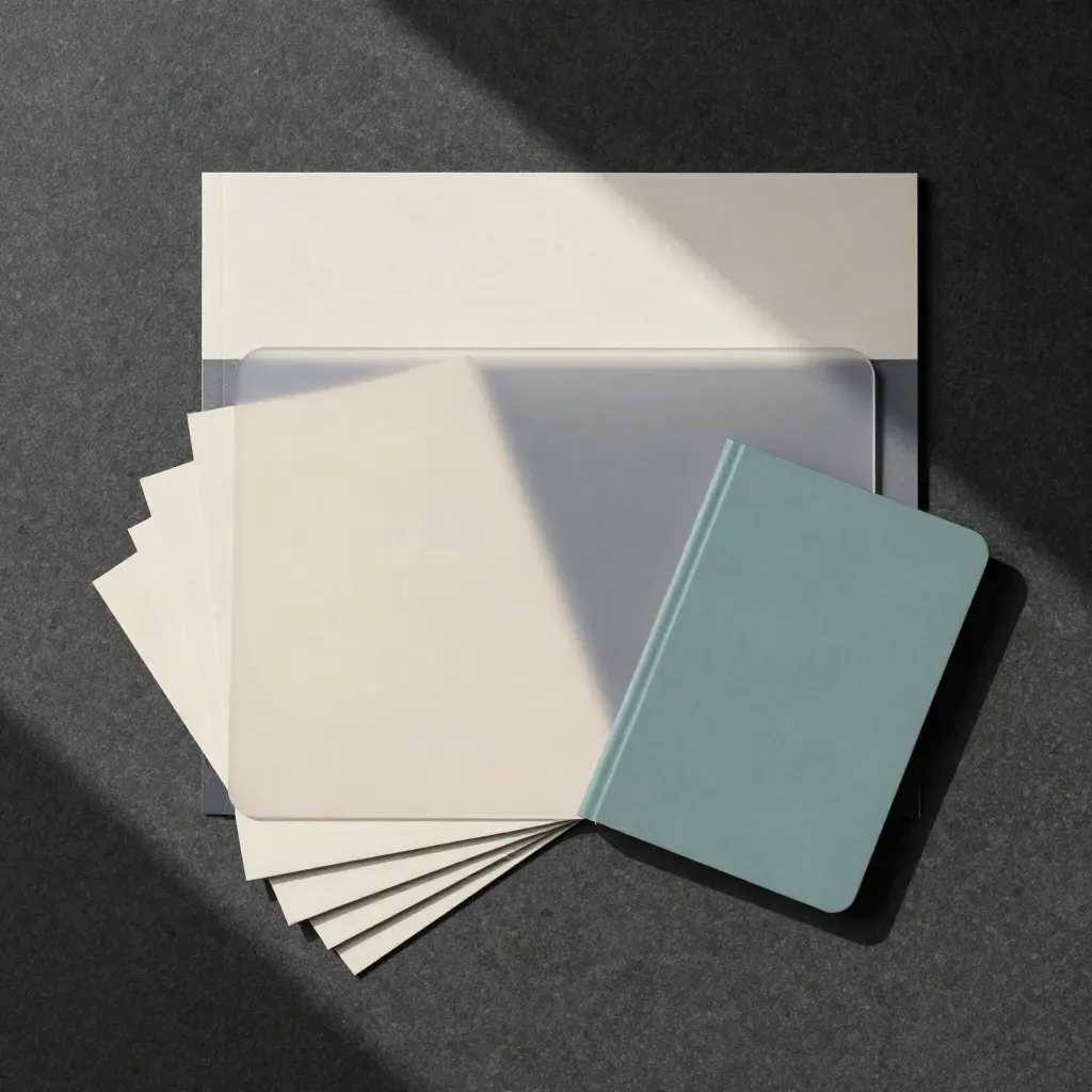Overhead flatlay of pitch deck rewrite cards, translucent cover sheet and matte clips on dark stone.