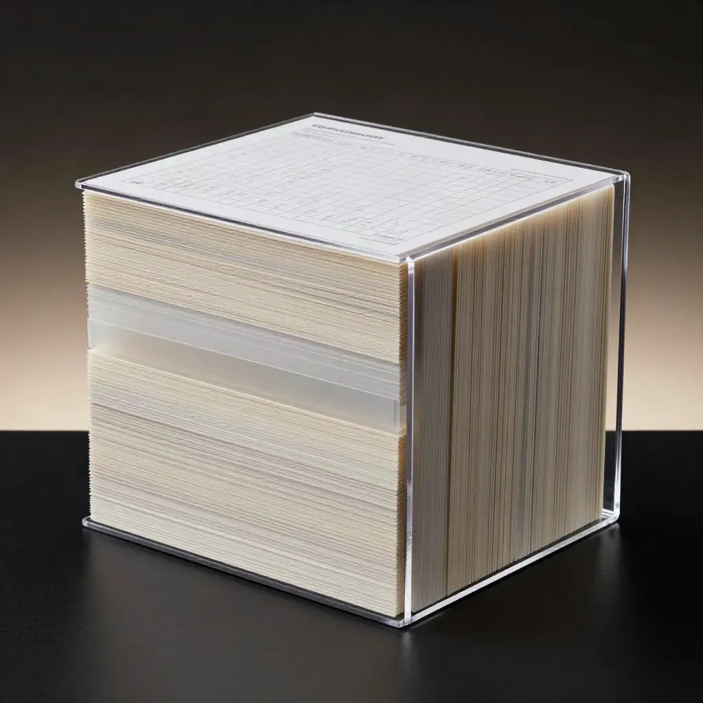Clear sleeve KPI sheet pack tilting forward on a dark slab with cool haze.
