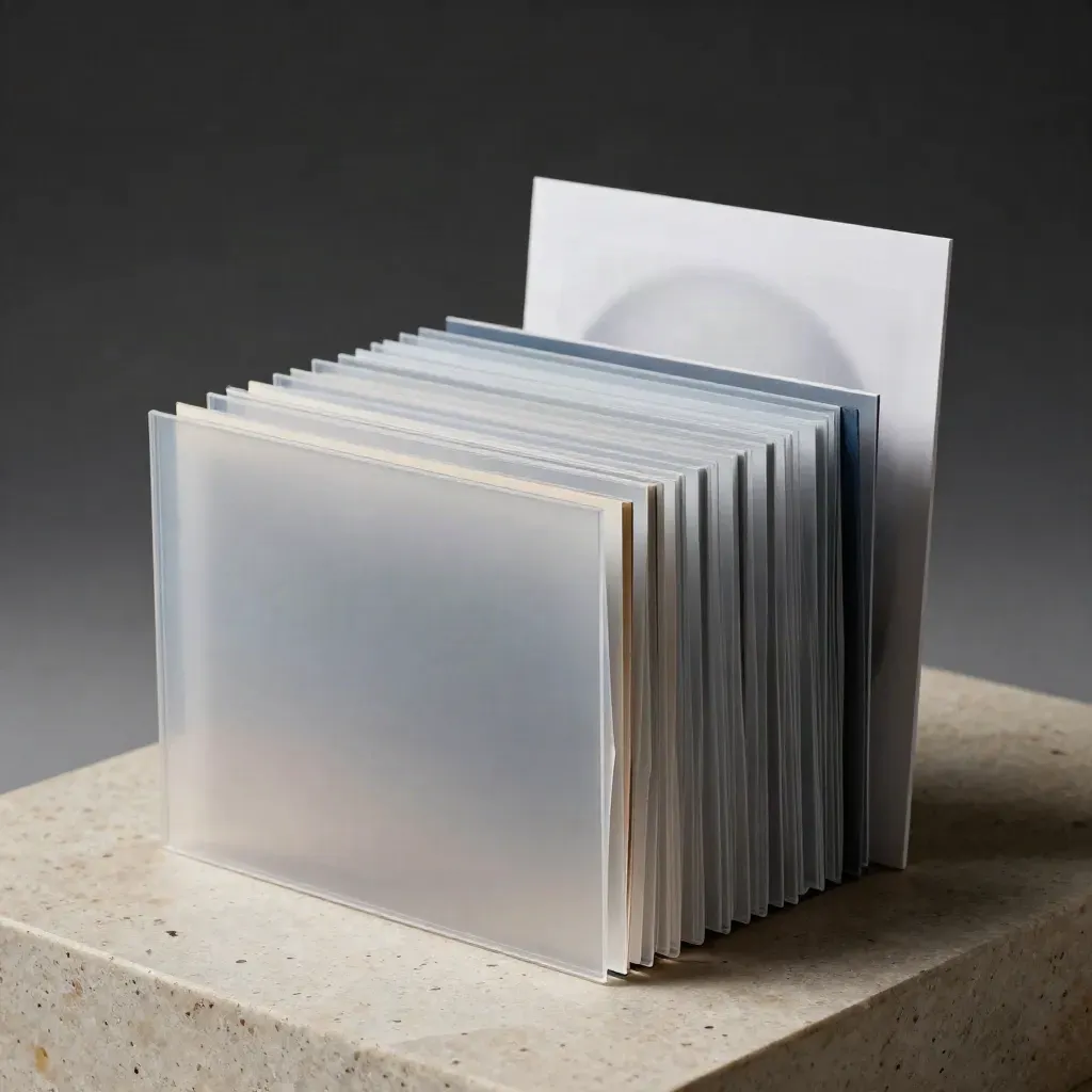 Translucent nested folders fanned in a dramatic low-angle hero shot with a navy edge strip.