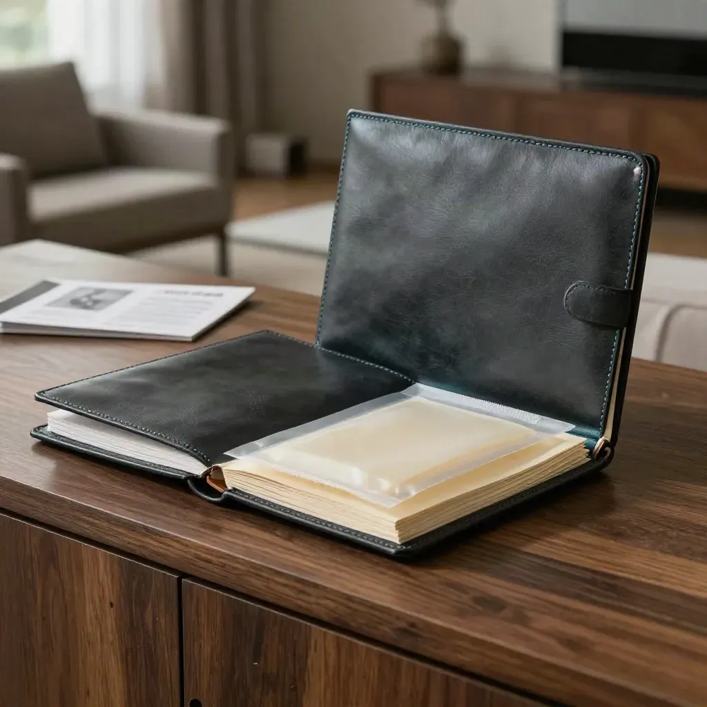 Charcoal consulting folio open on an oak console with a binder and sealed packet