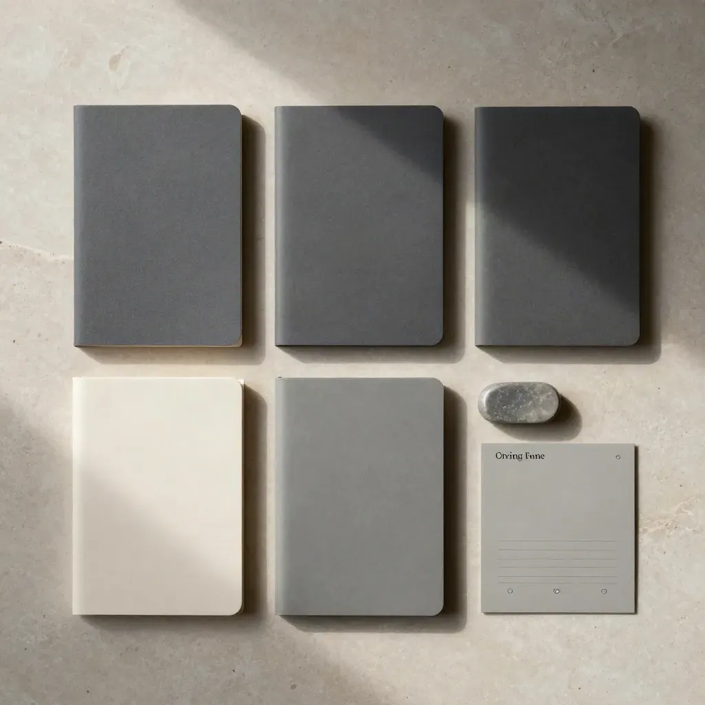 Overhead flatlay of advisory folios, a note sleeve, stone spacer, and backing card on pale limestone.