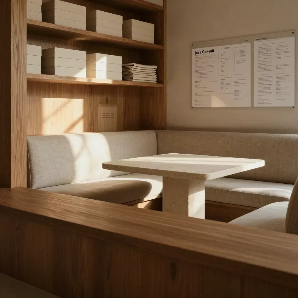 Sunlit loft meeting nook with oak shelves, linen banquette and a stone table for startup plans.