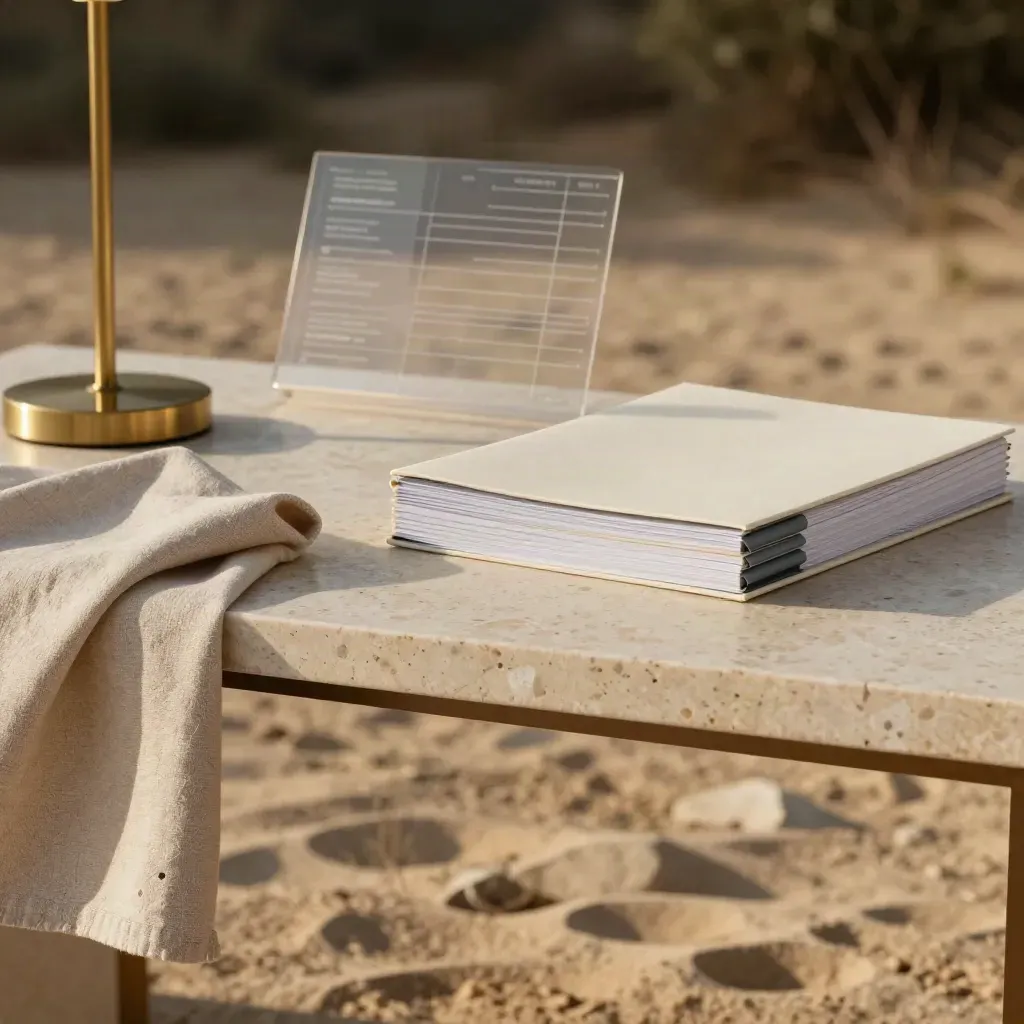 Travertine audit workspace with brass lamp base, linen, and binders in soft late light