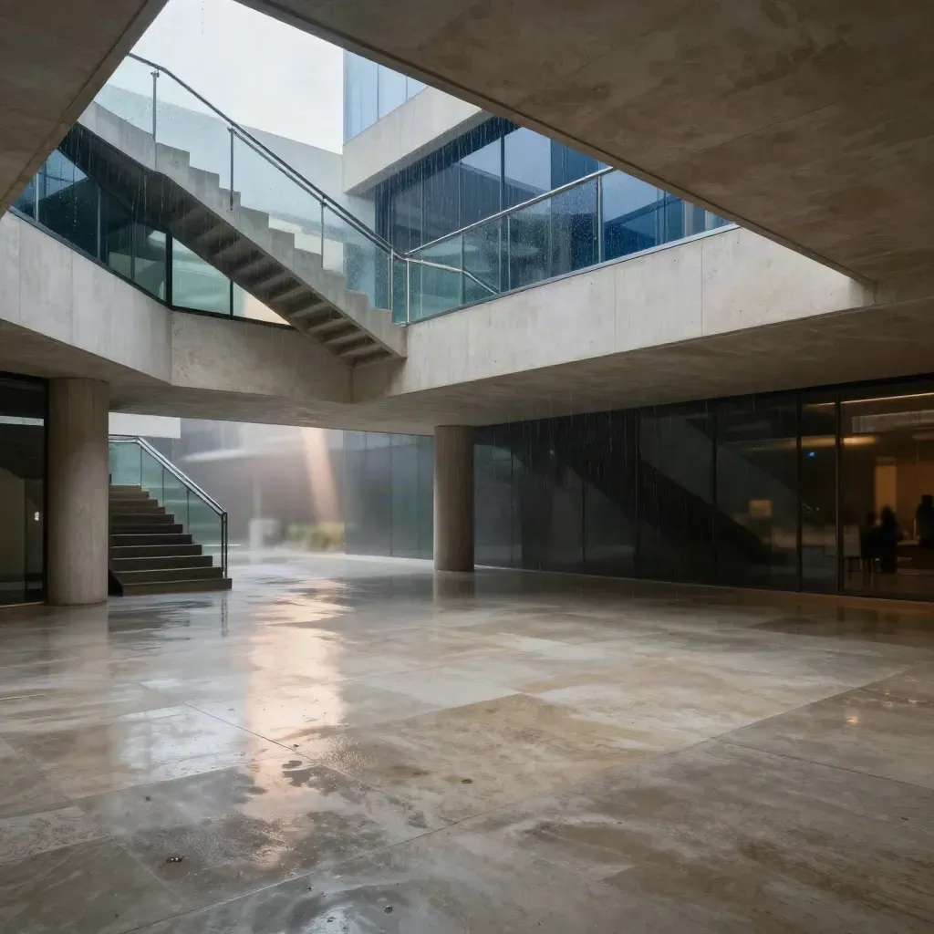 Glass atrium with stair geometry, rain-soft reflections, and a calm open floor beneath skylight.