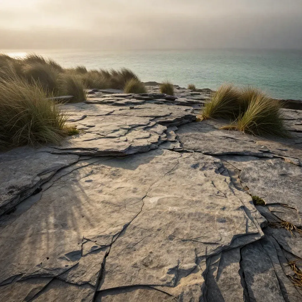 Coastal rock terrace in sea mist with wind-bent grasses and golden light.