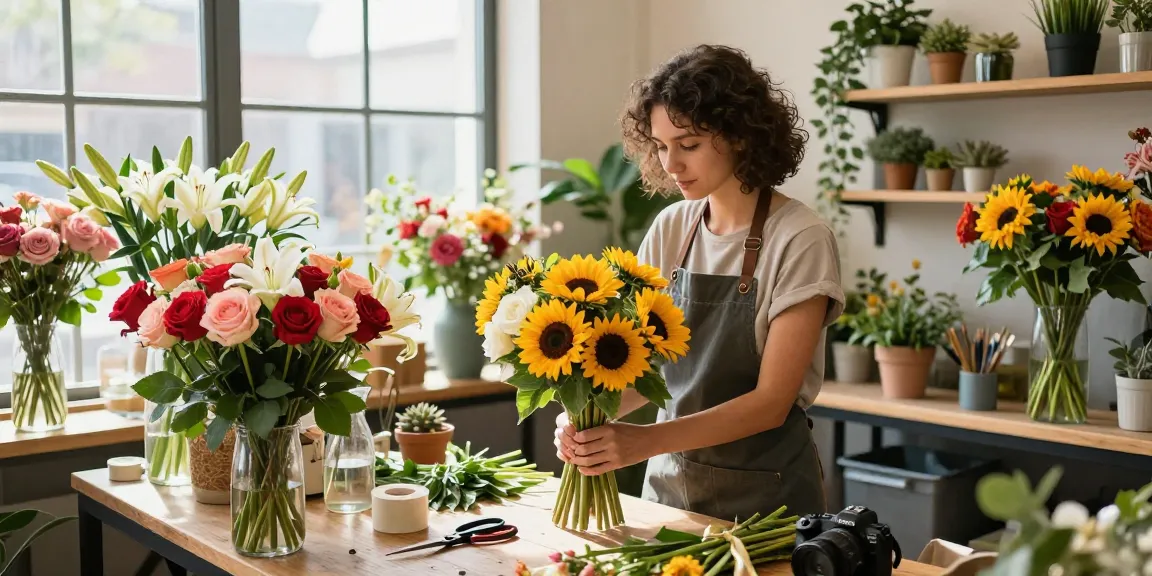 Floral arrangement in a vibrant flower shop showcasing fresh blooms and essential tools, emphasizing the beauty of slot artistry.