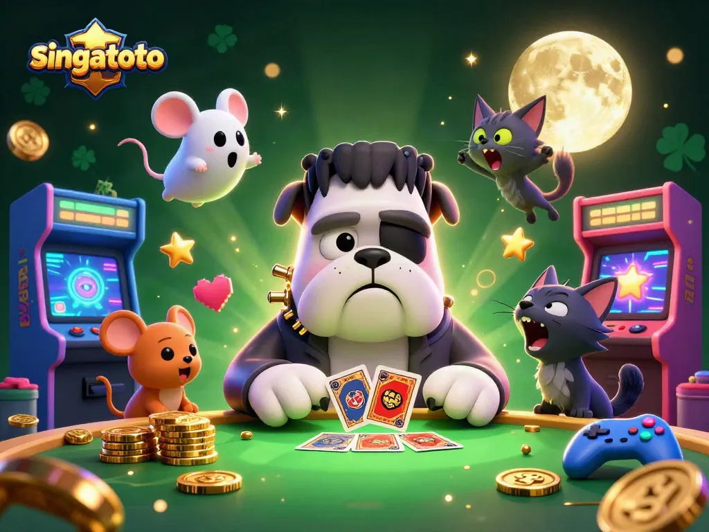 singatoto welcomes players with Frankenstein bulldog dealing cards at a thrilling casino table