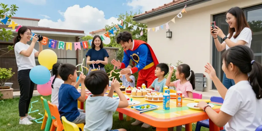 Children enjoy a lively birthday party with a superhero character, showcasing activities to rent a character for unforgettable fun.