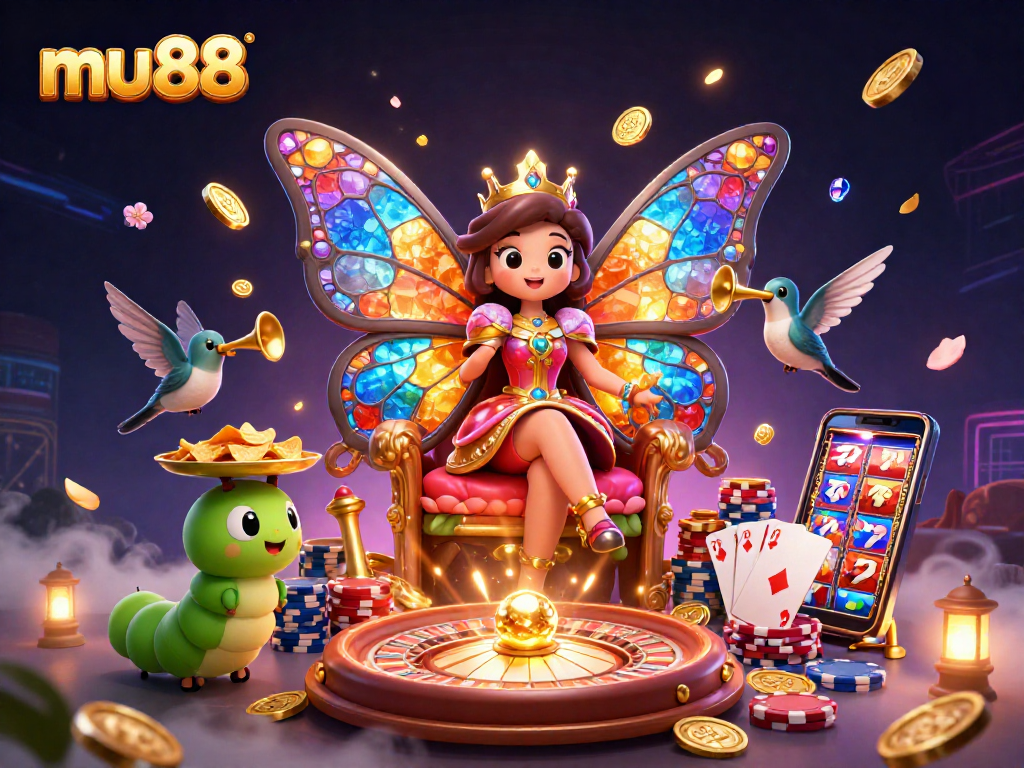 Experience mu88's vibrant casino scene with an enchanting butterfly queen and golden gaming elements.