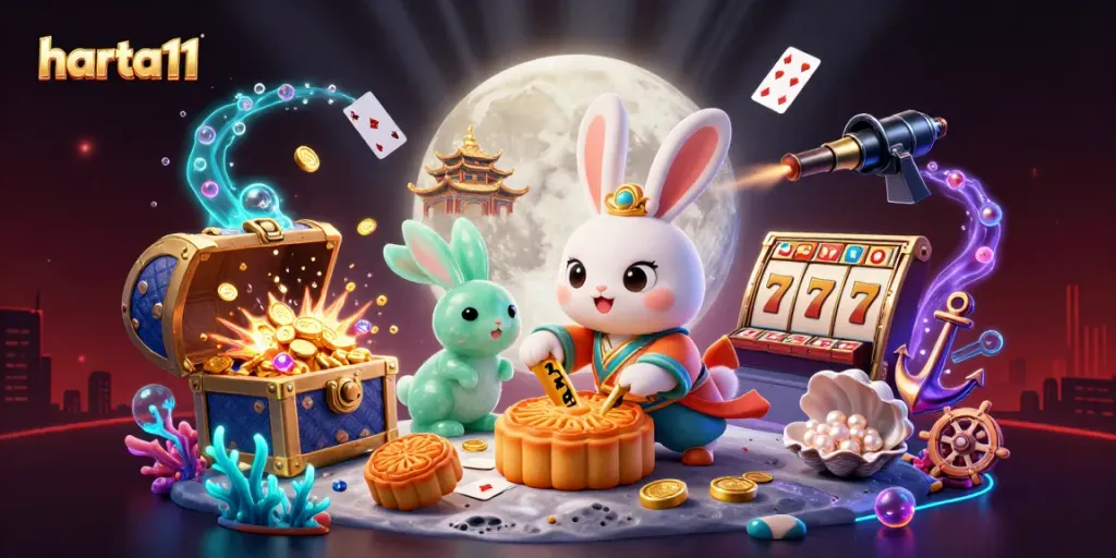Engage with harta11 and enjoy electric casino action featuring a moon rabbit, lucky charms, and vibrant treasures.