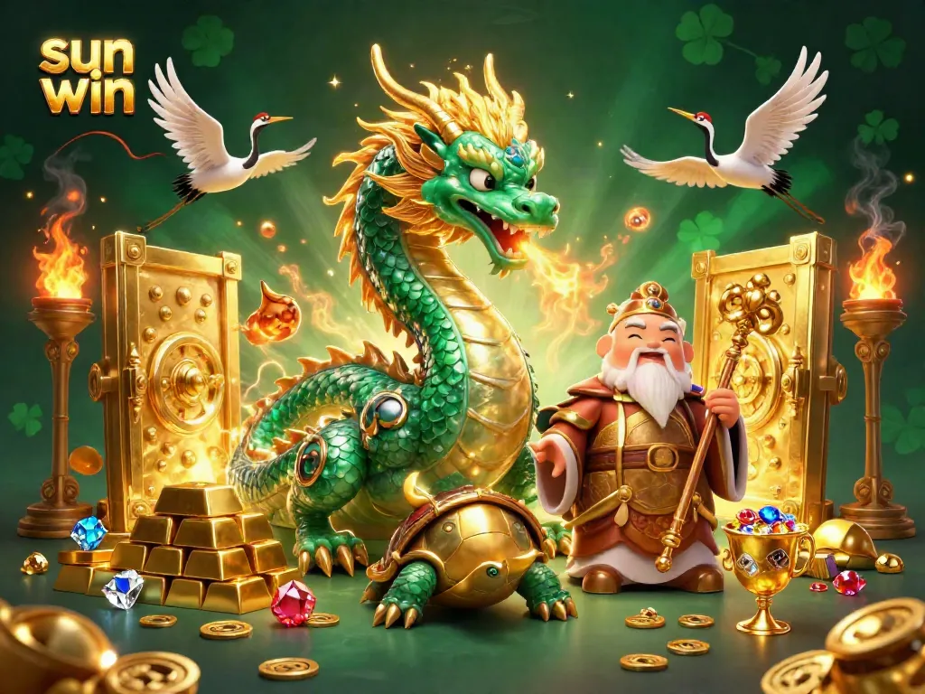 Unleash your luck at sun win with a vibrant illustration of a jade dragon and golden treasures.