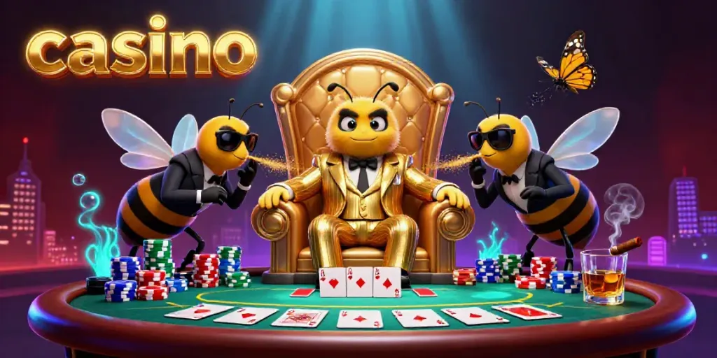 Experience the excitement of the casino with a cartoon bumblebee mob boss and vibrant poker elements.