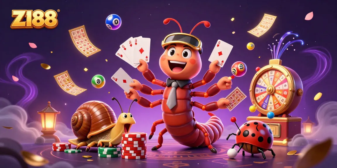 Engage with Z188's thrilling gaming experience featuring a lively millipede dealer and a snail high-roller surrounded by colorful casino elements.