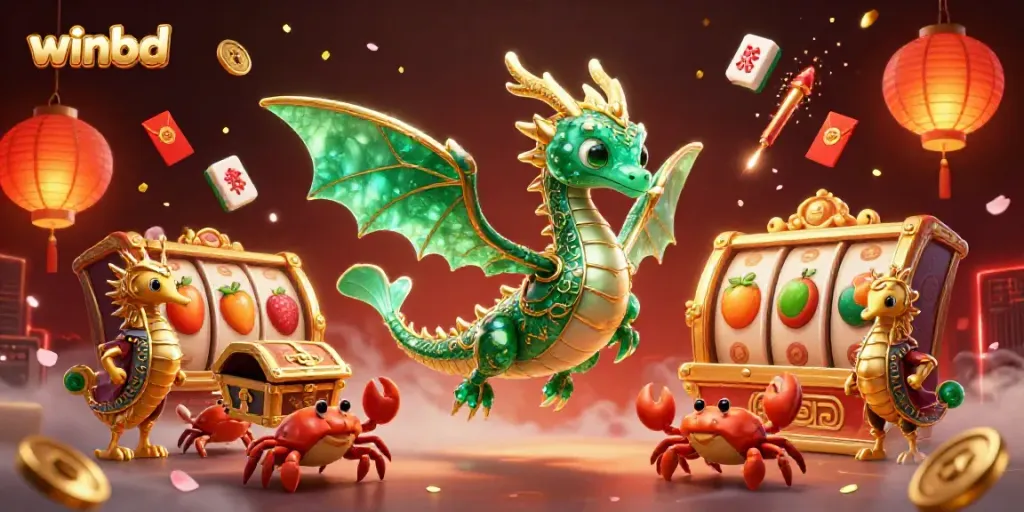 Engage with winbd's vibrant 3D casino scene featuring a sea dragon, slot reels, and festive decorations.