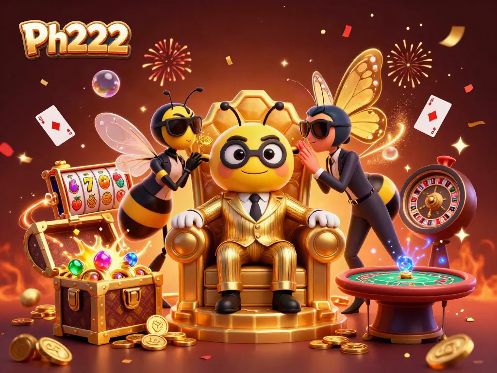 Experience thrill with Ph222's colorful casino scene featuring a bumblebee mob boss and vibrant game elements.