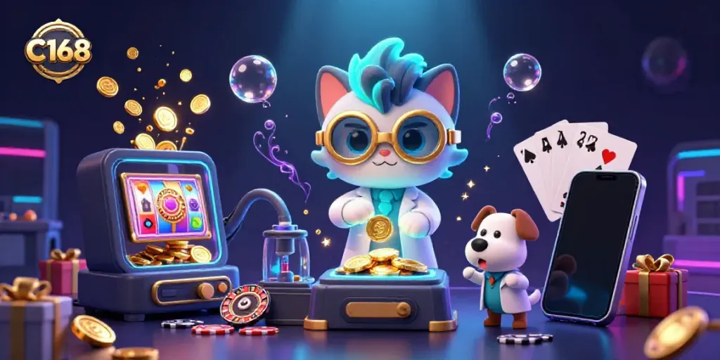 Win big with C168 at a vibrant casino scene featuring a mad scientist cat and dog!