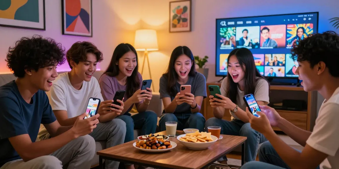 Friends enjoying bokep viral indonesia videos in a colorful living room.