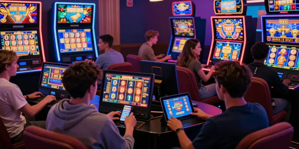 Exciting online gaming environment featuring raja slot enthusiasts engaged with colorful digital slot machines.