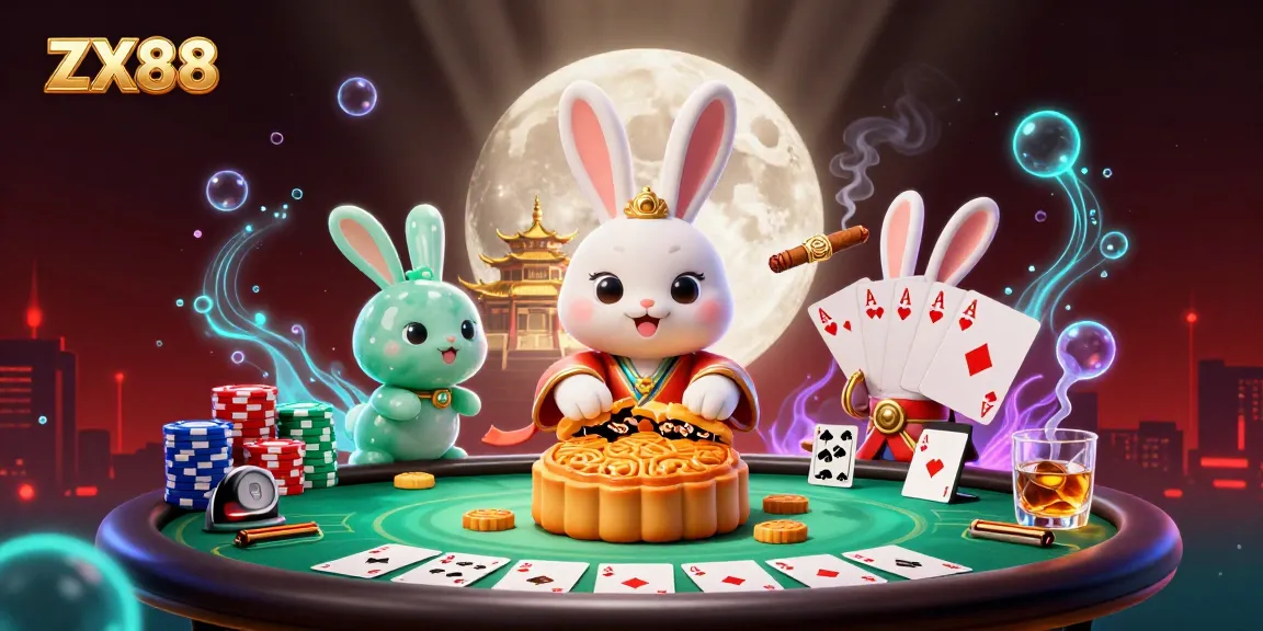 Join the ZX88 online casino experience with poker chips and golden mooncakes revealed in a whimsical scene.