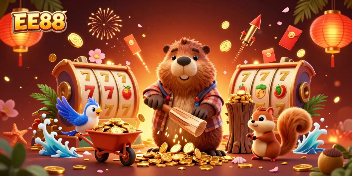 Experience the excitement of EE88 with vibrant slot games and treasure-filled scenes.
