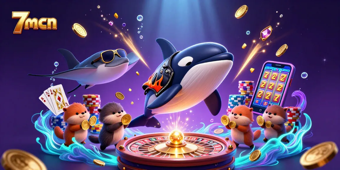 Experience thrilling gambling moments with 7mcn's dynamic casino-themed illustration featuring lively sea creatures.
