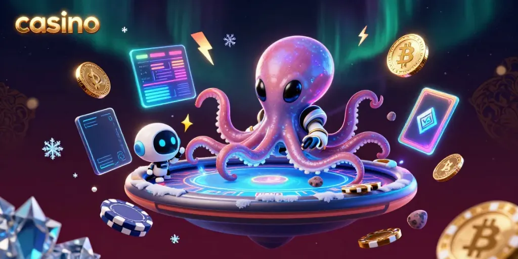 Engage in casino fun with a vibrant scene of an alien octopus and robot gaming at a poker table.