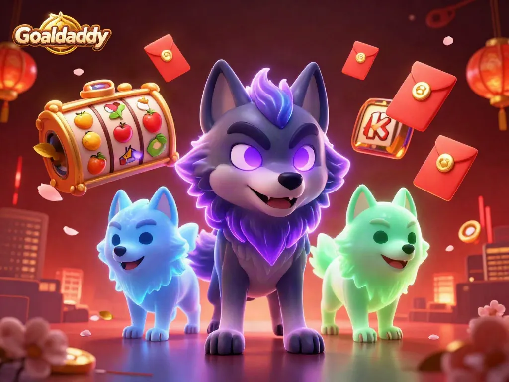 Experience Goaldaddy's thrilling gaming atmosphere with vibrant slot reels and captivating wolf characters.
