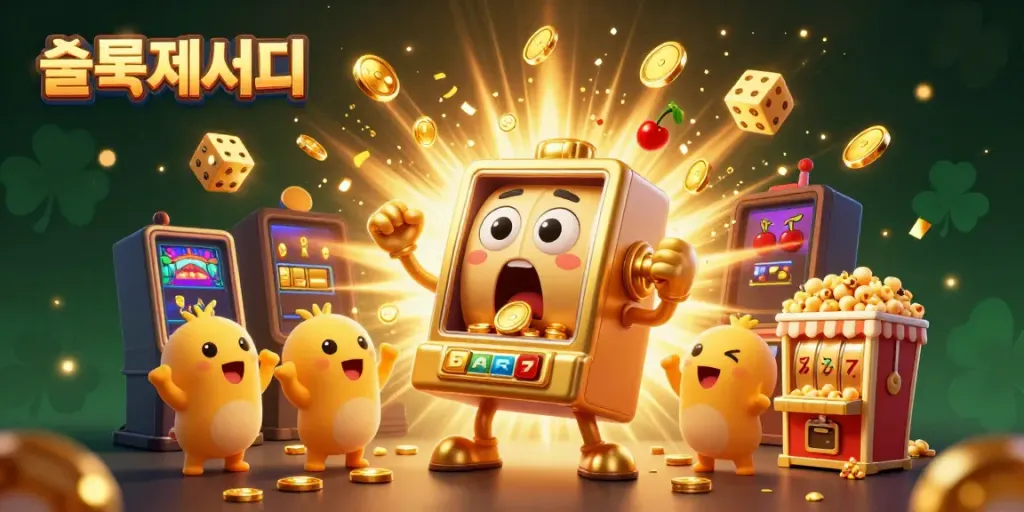 Exciting scene with a golden slot machine hitting a jackpot and coins pouring from it, showcasing the thrilling world of 슬롯사이트.