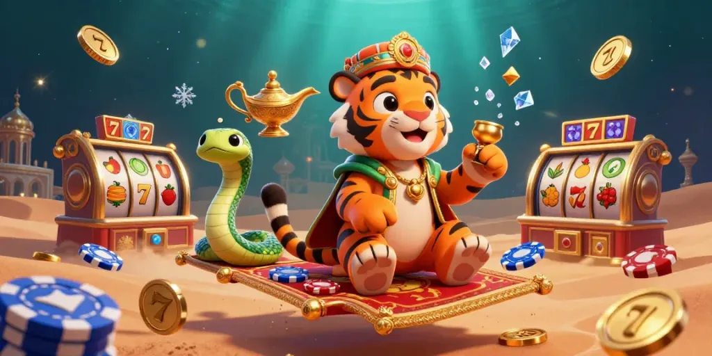 Menampilkan slot dana dalam ilustrasi 3D yang fantastis dengan elemen kasino dan sultan macan di karpet terbang.