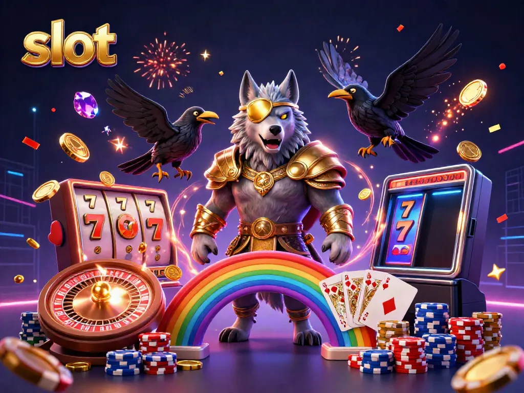 Gambaran mengasyikkan tentang karakter slot dengan Wolf Odin dan elemen permainan kasino lainnya.