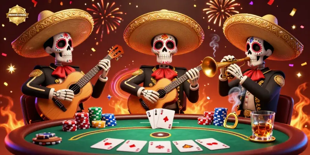 Gabungkan keseruan perjudian di meandcrepela dengan band mariachi kerangka meriah yang bermain alat musik dan dikelilingi kartu poker serta chip warna-warni.
