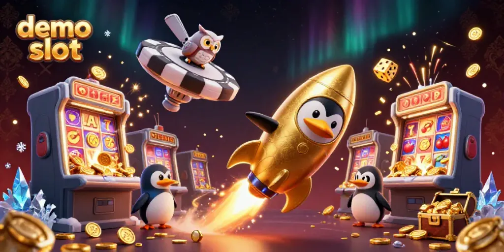 Play demo slot dengan penguin emas berroket dalam kasino antariksa yang penuh hadiah.