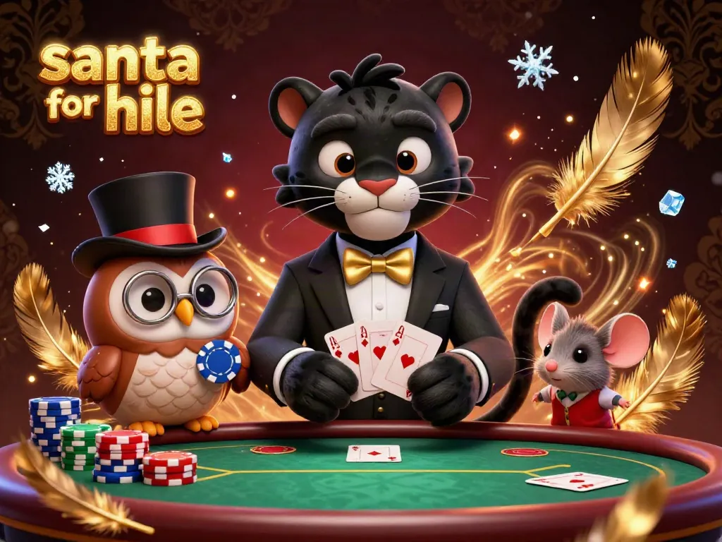 Delightful casino scene with a stylish black panther dealing cards, emphasizing santa for hire entertainment.
