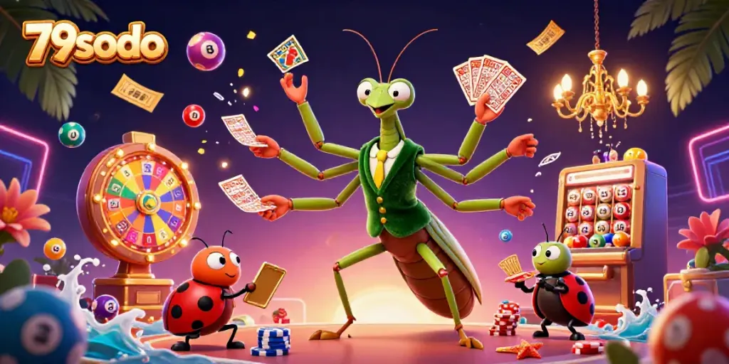Exciting 3D scene showcasing 79sodo's vibrant lottery atmosphere with animated characters and casino elements.