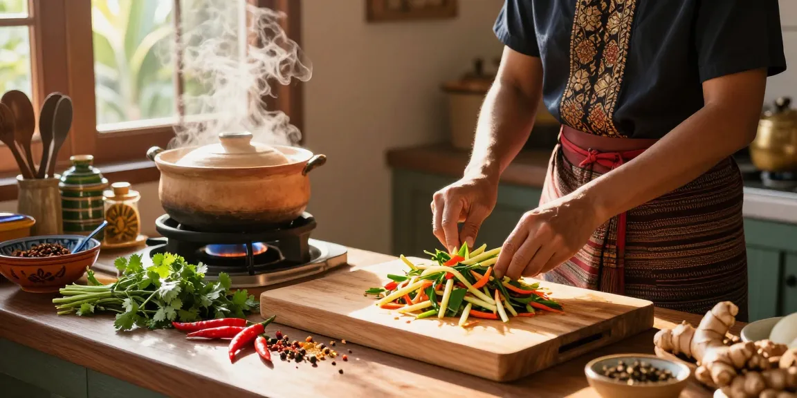 Ginger and lemongrass preparation in a warm Thai kitchen, showcasing the culinary art of สล็อต with vibrant ingredients