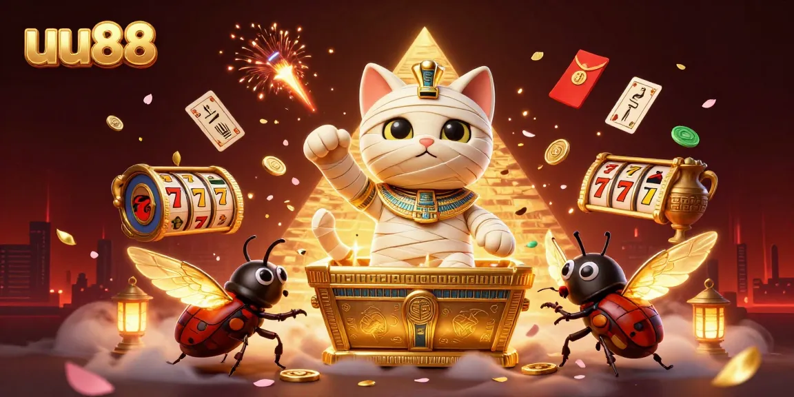 uu88 offers an exciting slot experience with a colorful scene featuring an Egyptian mummy cat and themed elements.