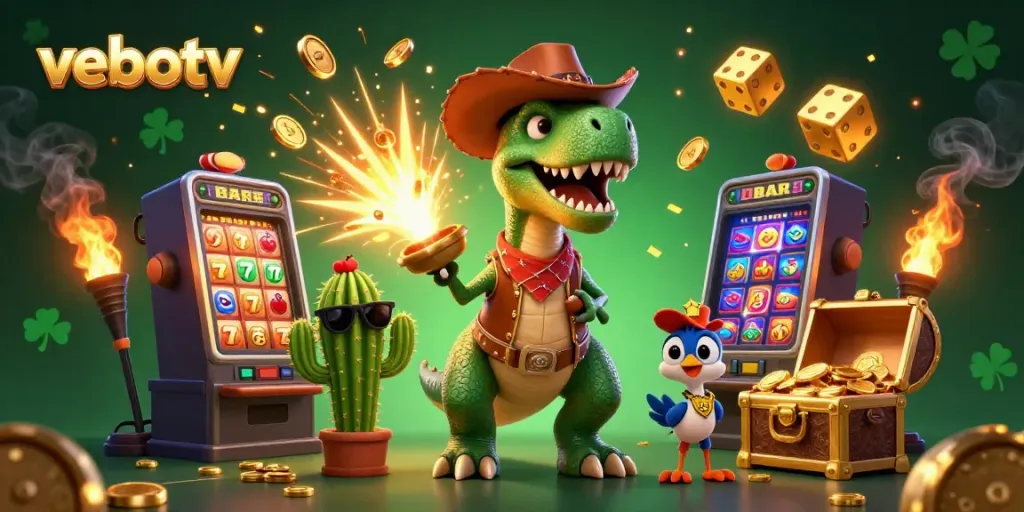 Experience thrilling moments on vebotv with an exciting 3D illustration featuring a cowboy dinosaur, cactus buddy, and roadrunner.