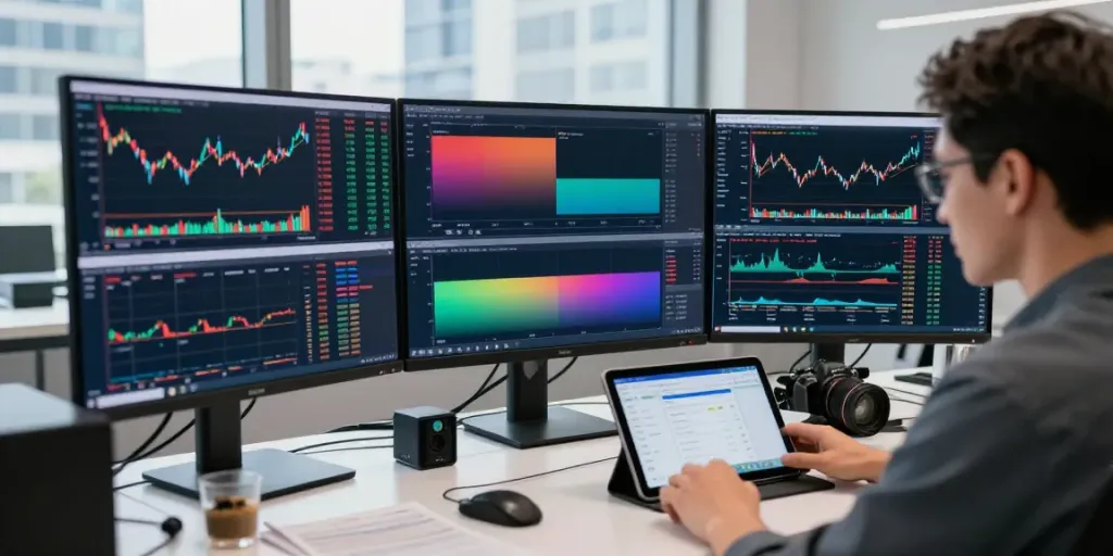 Trader using TradingView for market analysis with multiple screens in modern office.