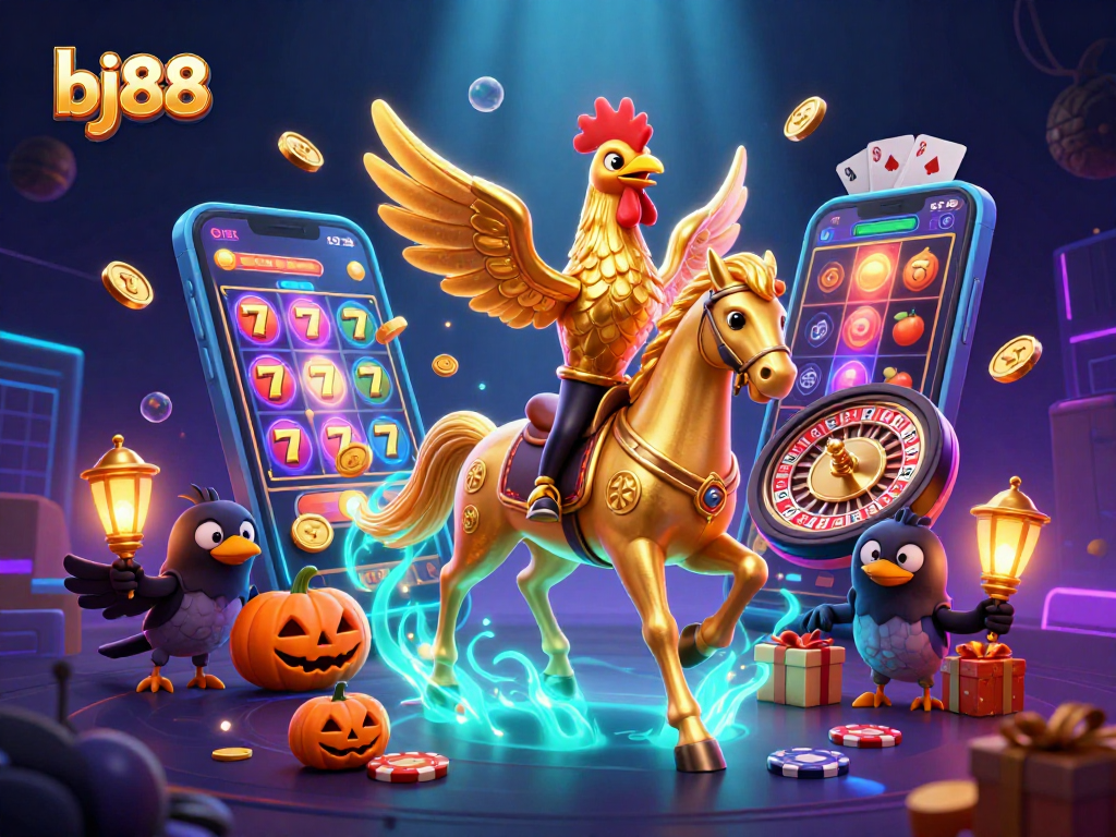 Experience thrilling gameplay with bj88 as the golden rooster rides through a vibrant casino scene.