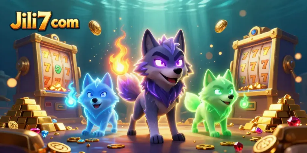 Engage in thrilling gameplay at Jili7 com with vibrant casino scenes featuring ghostly wolves and golden treasures.
