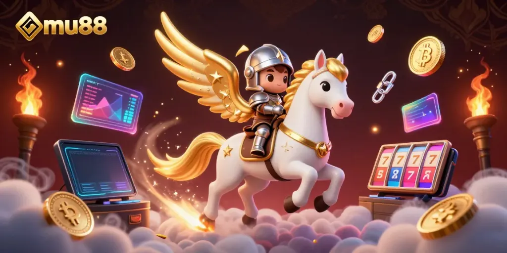 Experience the magic of mu88 with a celestial horse and knight amidst Bitcoin and Ethereum treasures.