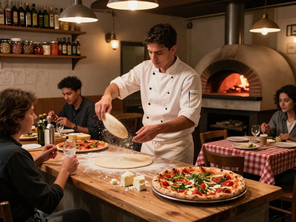 Chef tossing pizza dough in a cozy pizzeria, showcasing the art of cooking with slot details.