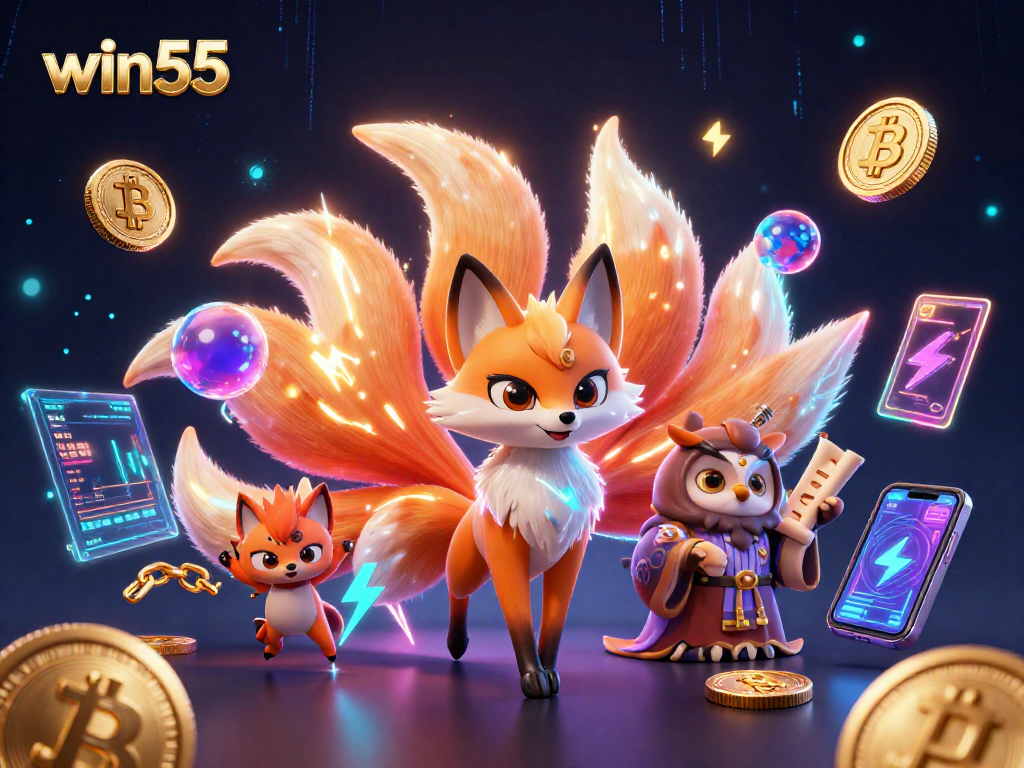 Engage with win55 in this vibrant casino scene featuring a luminous nine-tailed fox and Ethereum coins.
